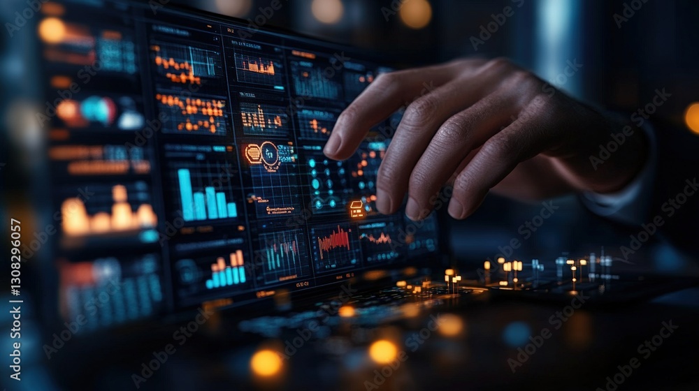 Poster individual's hand interacting with a laptop touchscreen display showing a vibrant chart representing