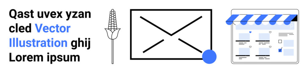 Corn ear, large mail envelope, online store icon, sample text with blue highlights. Ideal for web design, digital communication, email marketing, e-commerce, agriculture tech modern interface