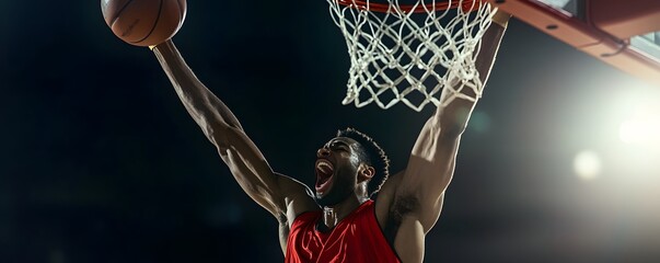 A basketball player dunks the ball with powerful determination to score