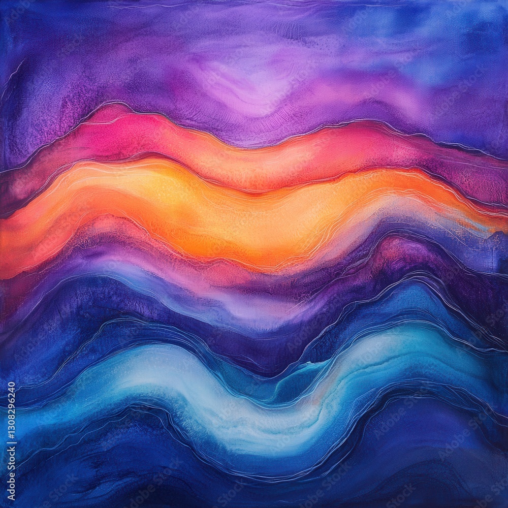 Poster vibrant painting featuring a dynamic wave pattern, showcasing an array of colors including deep red,
