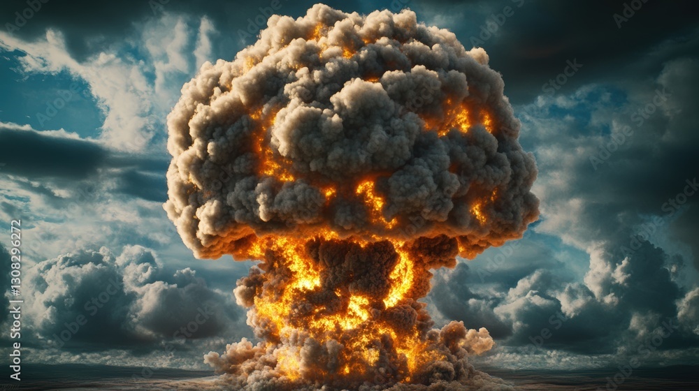 Poster a large explosion of smoke and fire erupting dramatically from the ground creating a powerful visual