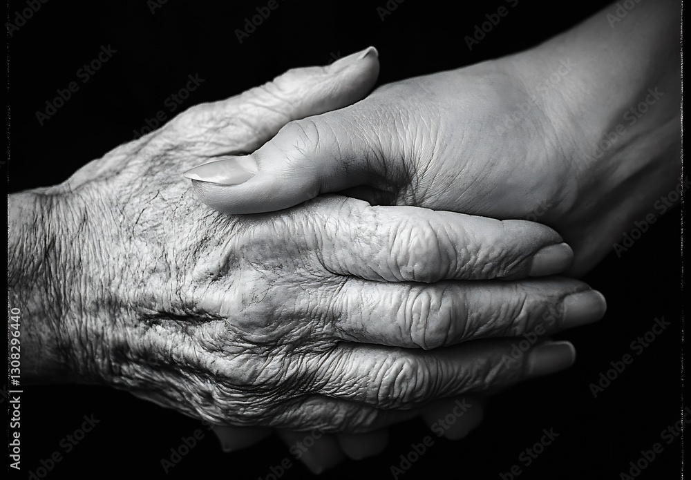 Poster elderly and younger hands clasped together symbolizing unity and support in monochrome : generative 