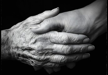 Fototapeta premium Elderly and younger hands clasped together symbolizing unity and support in monochrome : Generative AI