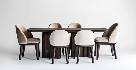 Stylish wooden dining table with plush chairs elegantly arranged on a clean background : Generative AI