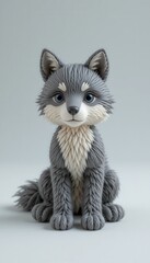 Adorable Gray Wolf Pup Sitting Cute Knitted Style 3D Rendered Animal