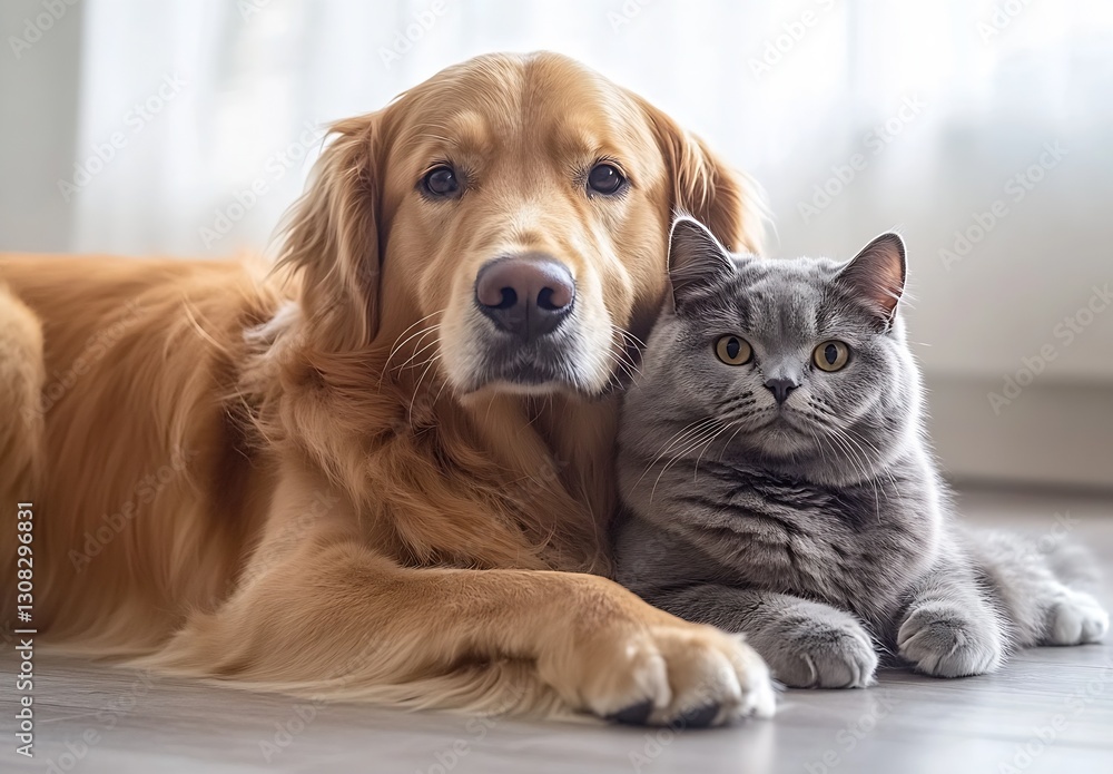 Poster charming golden retriever with silver tabby cat enjoying each other's company in serene indoor setti