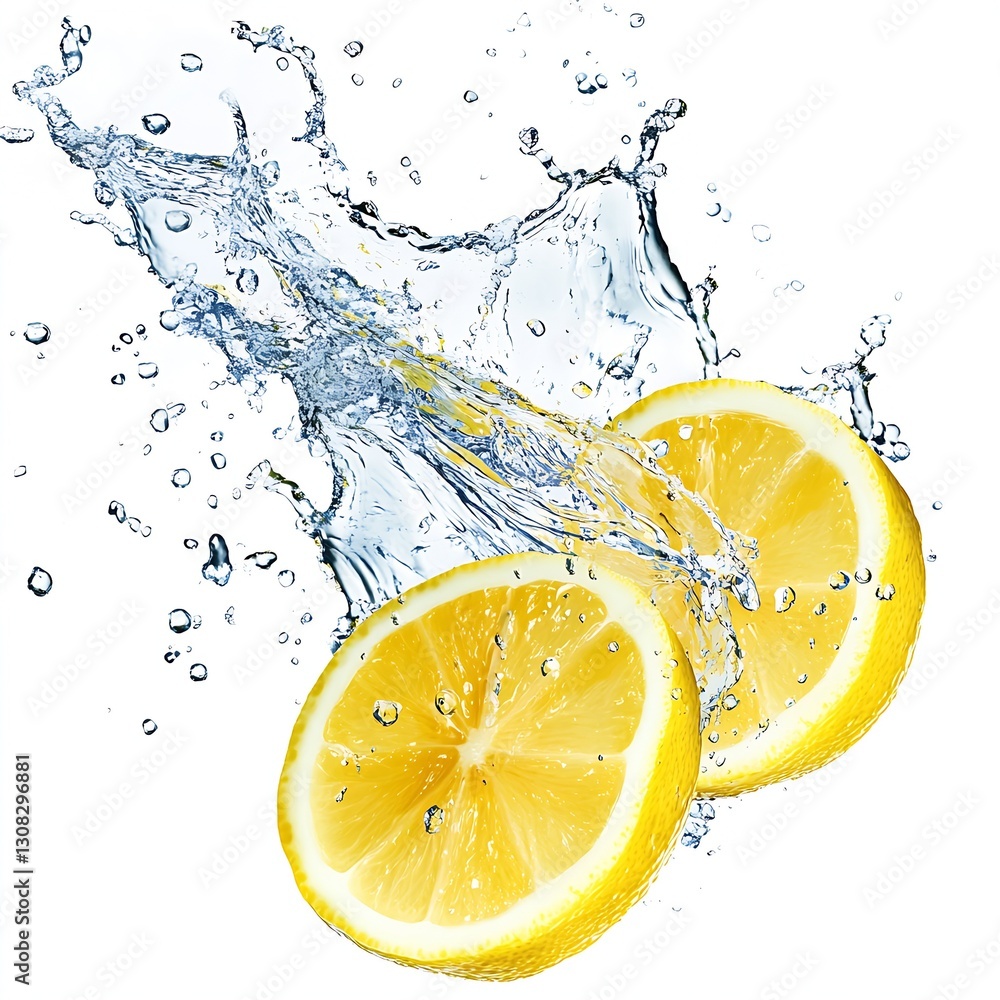 Poster two lemon slices splashing in clear water creating a refreshing drink effect : generative ai