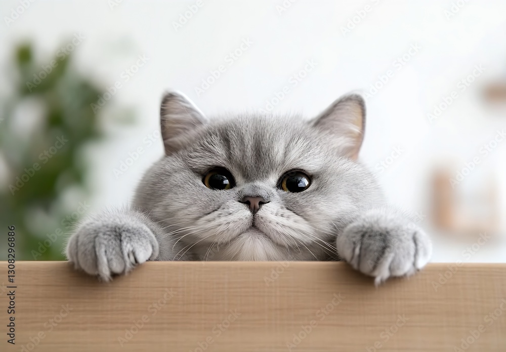 Poster sweet grey cat peeking over a wooden shelf with a serene expression in a bright indoor setting : gen