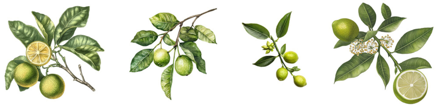 PNG Key lime set isolated on white background, fresh fruit
