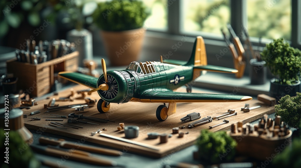 Poster airplane positioned on table surrounded by various objects illustrating a unique perspective on avia