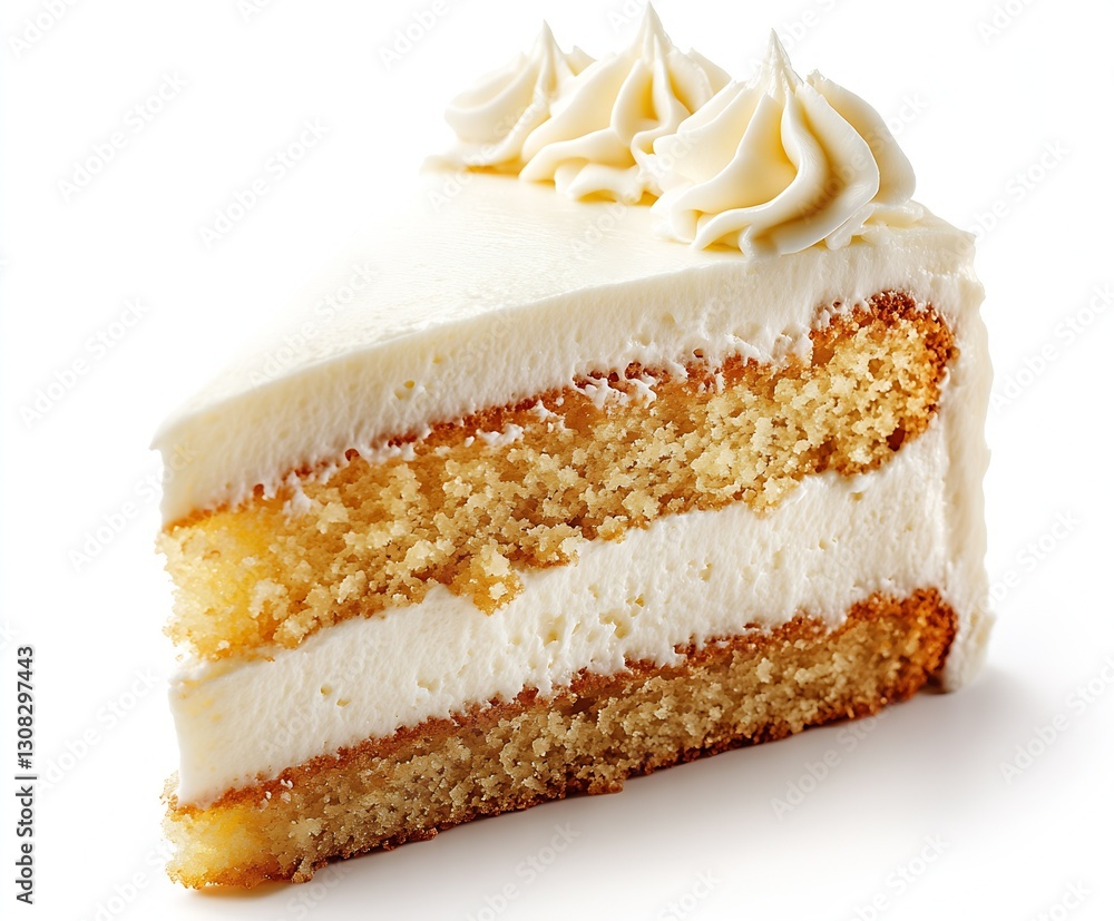 Poster delicious layered vanilla cake with creamy frosting on white background : generative ai