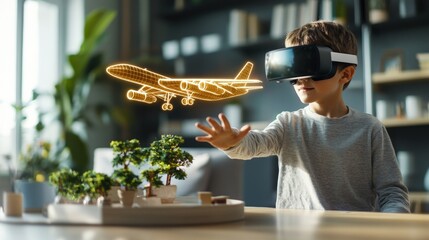 Young boy wearing virtual reality headset immersed in digital world experiencing cutting-edge technology