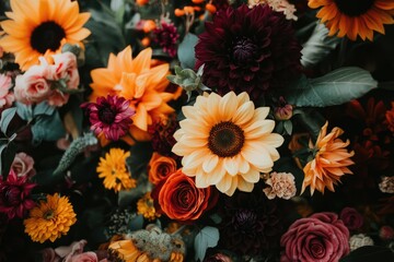 A vibrant autumnal floral arrangement featuring sunflowers, dahlias, roses, and other seasonal blooms.