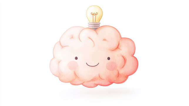 Cute Brain Cartoon Watercolor Educational Concept
