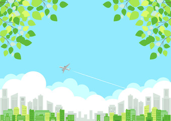 初夏、ビル街、イラスト、飛行機、背景、横