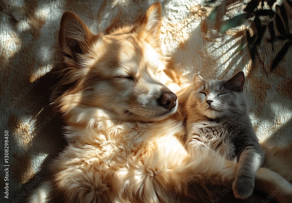 Poster beautiful dog and cat sleeping together in sunlight highlighted by gentle shadows : generative ai