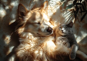 Beautiful Dog and Cat Sleeping Together in Sunlight Highlighted by Gentle Shadows : Generative AI