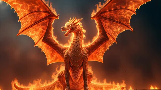  Majestic Dragon with Spread Wings Amidst Flames