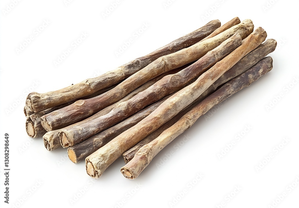 Poster a pile of raw licorice sticks on a white background border : generative ai