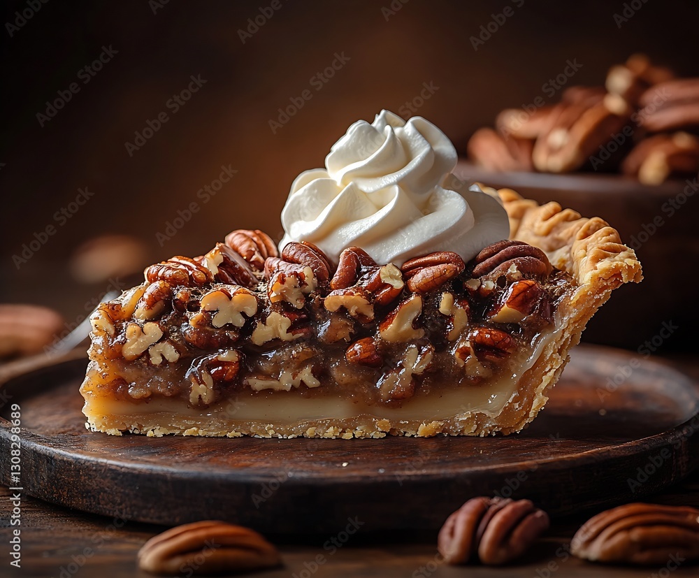 Poster Mouthwatering slice of pecan pie with a dollop of cream on a wooden plate surrounded by pecans : Generative AI