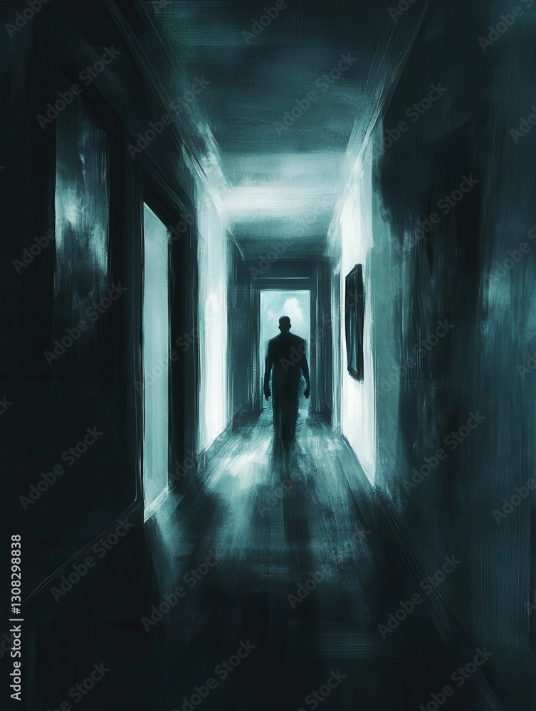 Poster dark corridor filled with shadowy figures and eerie flickering light creates an unsettling horror at