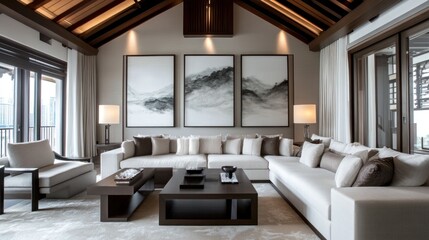 Luxurious modern living room with a high ceiling, showcasing a sectional sofa, coffee table, and framed artwork.