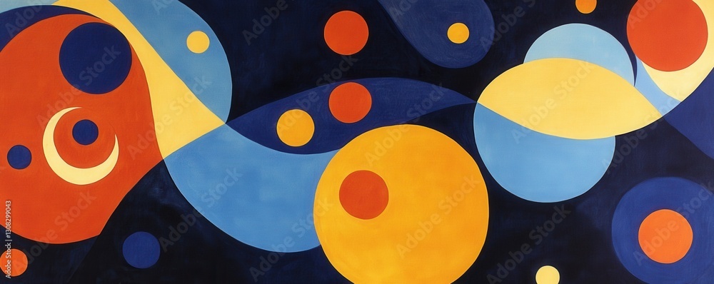 Poster a vibrant abstract painting featuring dynamic swirls and bold strokes in shades of blue, orange, and