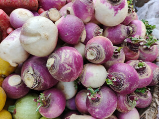 Fresh Purple and White Turnips with Green Stems