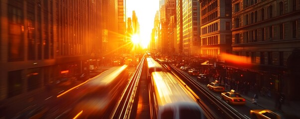 City street viewed with train tracks during a vibrant sunset