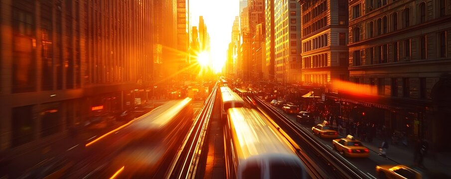 City street viewed with train tracks during a vibrant sunset