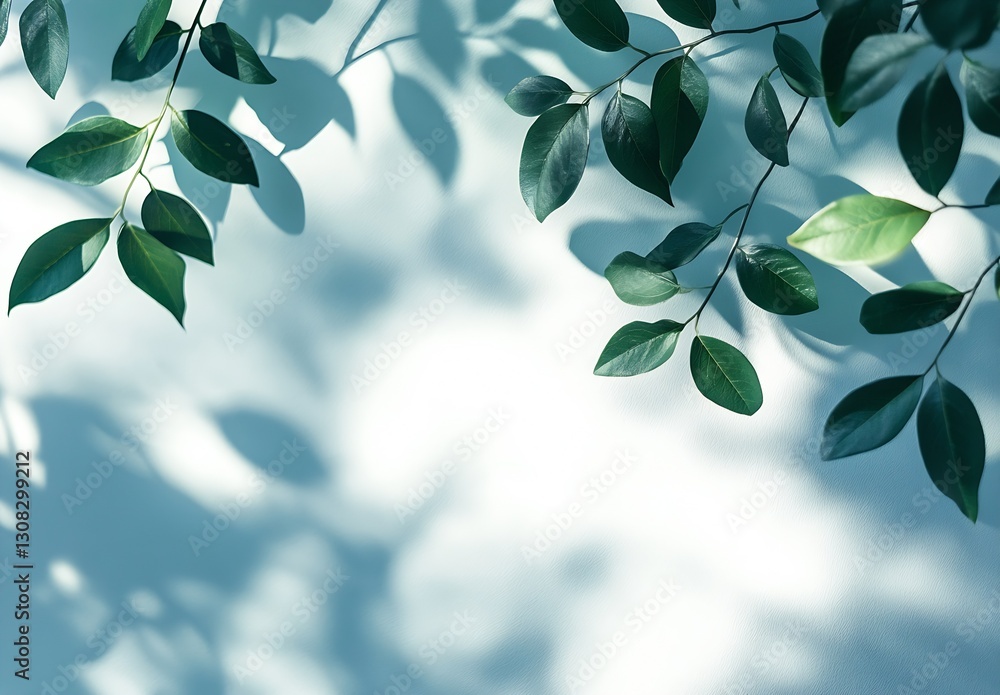 Poster vibrant green leaves casting shadows on a minimalist wall creating a serene natural atmosphere : gen
