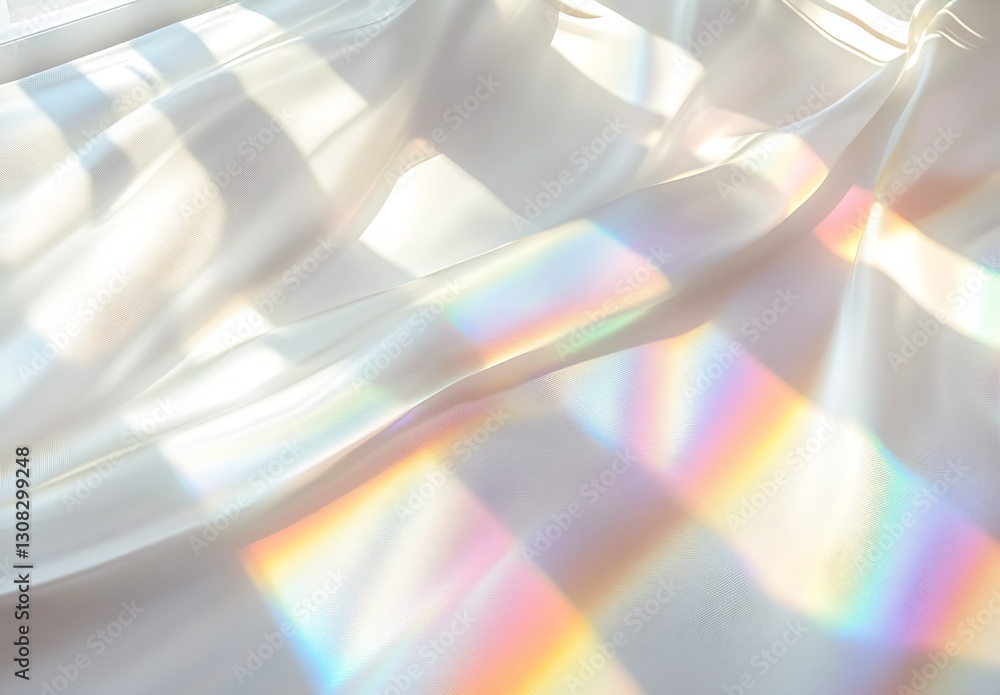 Poster soft white fabric with colorful rainbow light reflections and gentle waves : generative ai