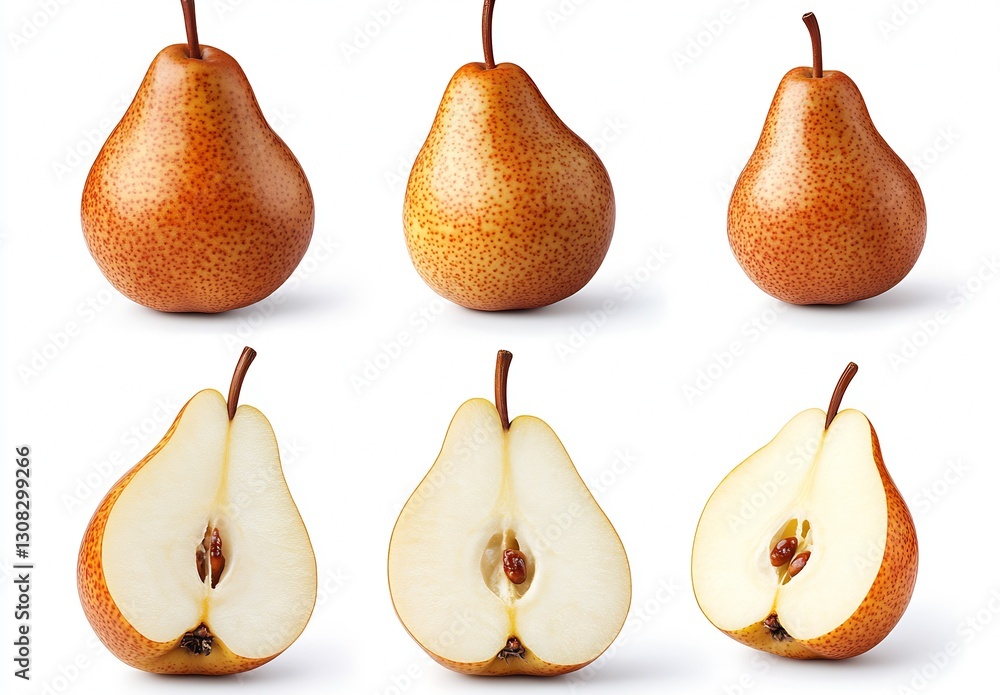 Poster Collection of Ripe Pears in Various Positions and Cross Section Showing Seeds : Generative AI