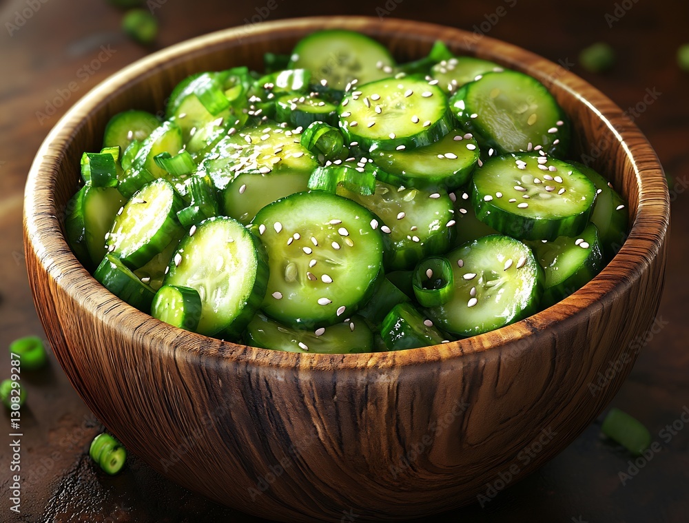 Poster Freshly sliced cucumbers with sesame seeds in a rustic wooden bowl ready for a healthy snack : Generative AI