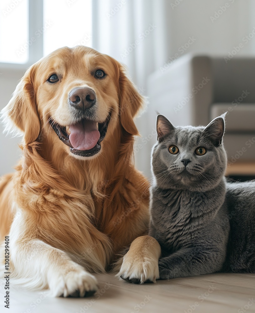 Poster Happy Golden Retriever and Playful Gray Cat Relaxing Together on a Cozy Floor : Generative AI
