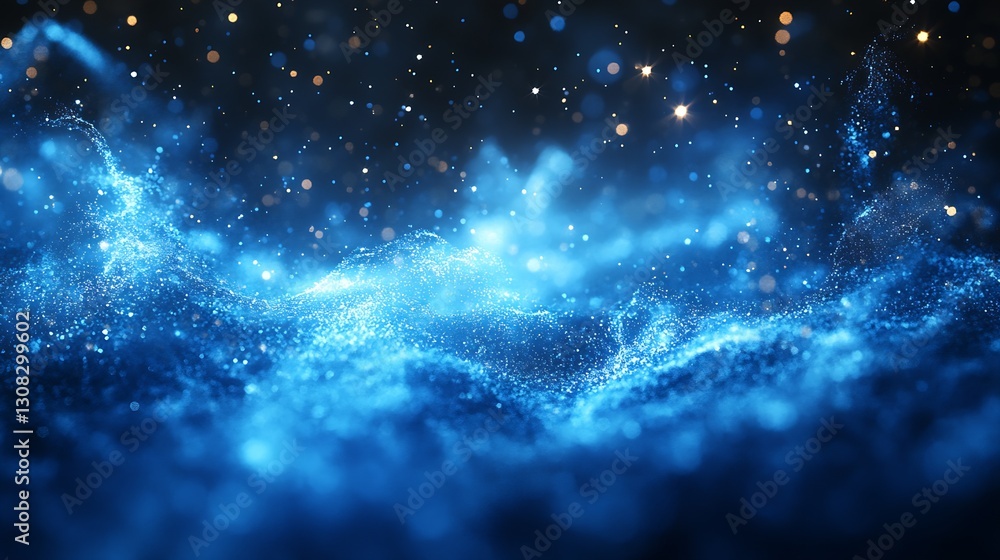 Poster magical blue glow waves with shimmering particles in a dreamy background : generative ai