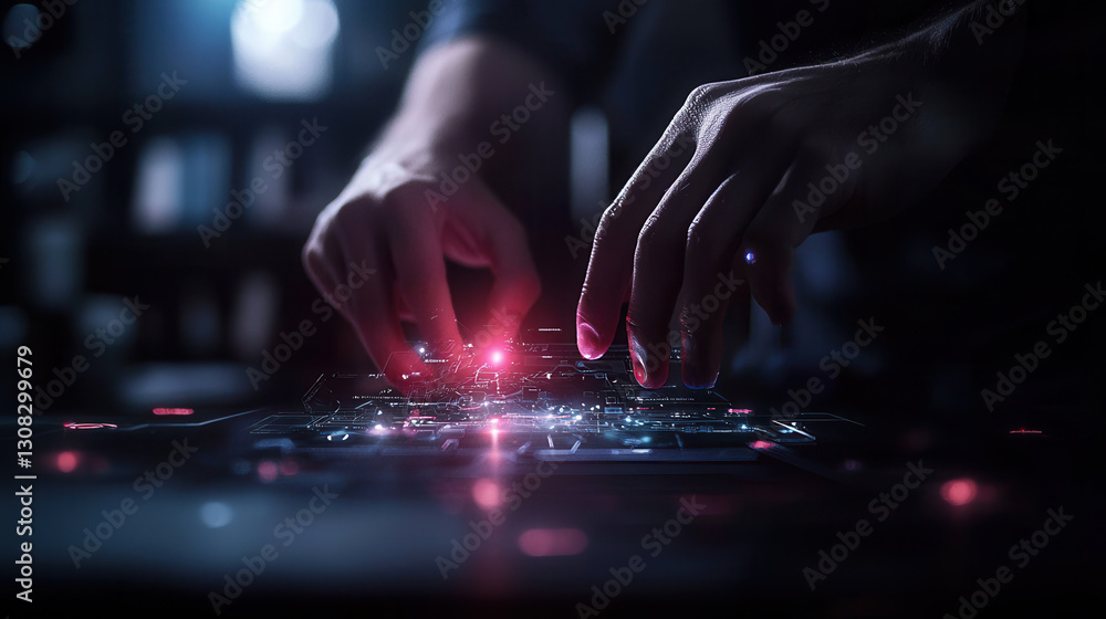 Aufkleber person interacting with holographic navigation system, showcasing advanced technology and digital in
