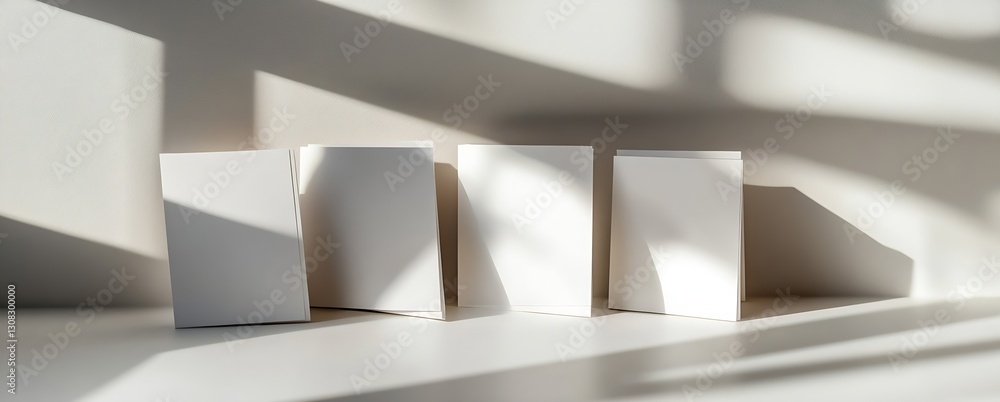 Poster four blank white booklets displayed on a surface in soft natural light and shadows : generative ai