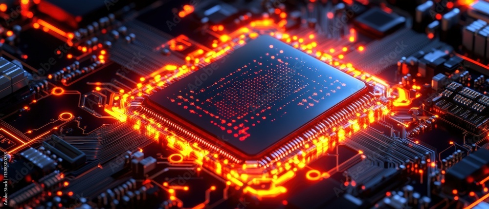 Poster close-up view of a cpu chip placed on a circuit with intricate patterns and components highlighting 