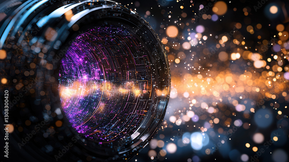 Poster futuristic lens with vibrant light trails and digital patterns, creating sense of depth and technolo