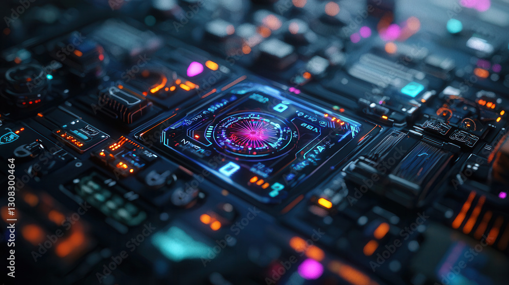 Poster advanced holographic control panel with vibrant colors and intricate design, showcasing technology a
