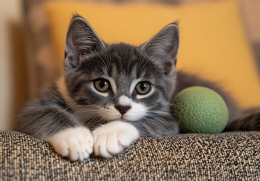 Adorable gray and white kitten lounging with a green ball on a cozy couch : Generative AI
