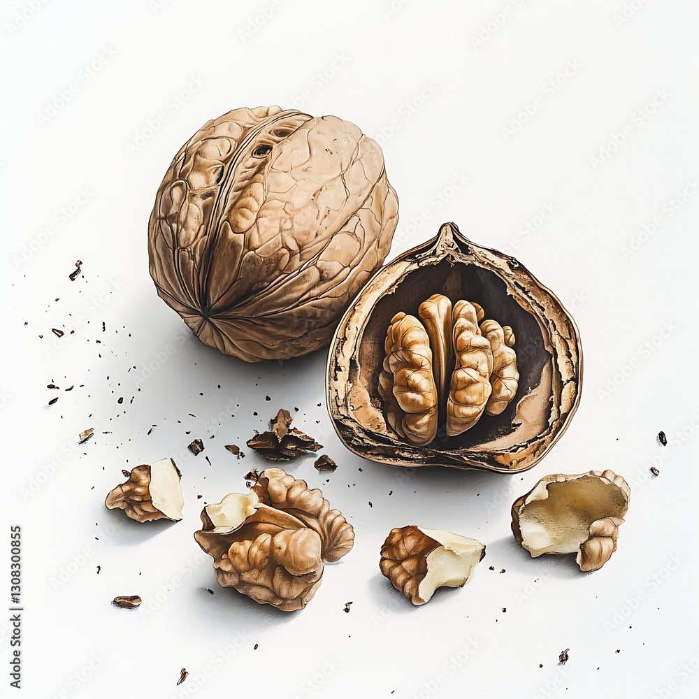 Poster Whole Walnut and Cracked Shell with Fresh Nuts on White Background : Generative AI