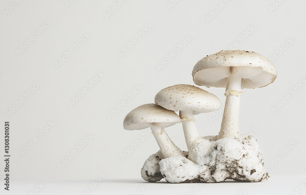 Poster three fresh white mushrooms on white background for culinary and health related uses : generative ai