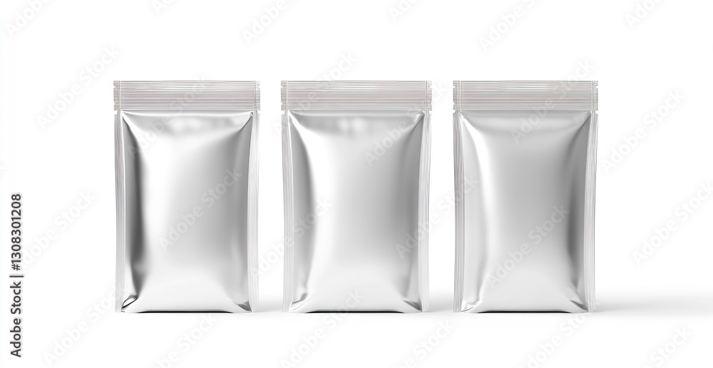 Poster three shiny silver foil pouches on white background for upscale product presentation : generative ai