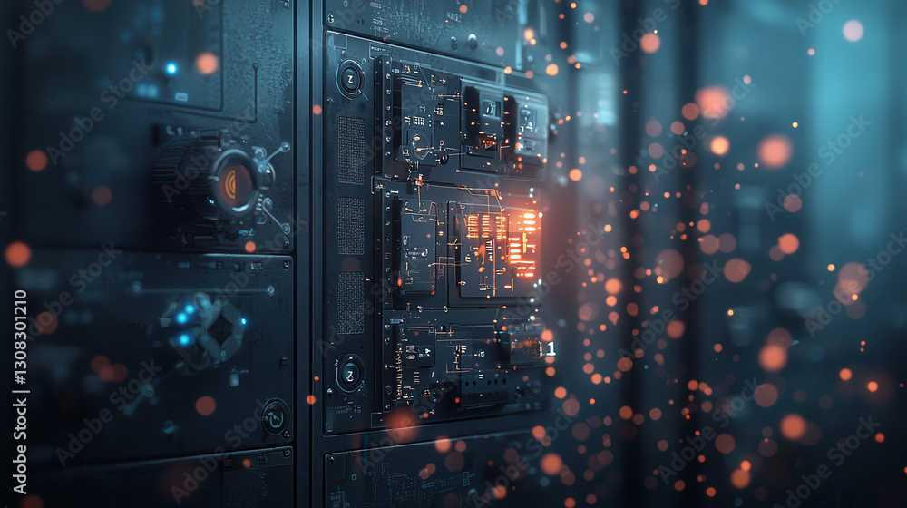 Poster cyber augmented industrial control panel with glowing circuits and particles, showcasing advanced te