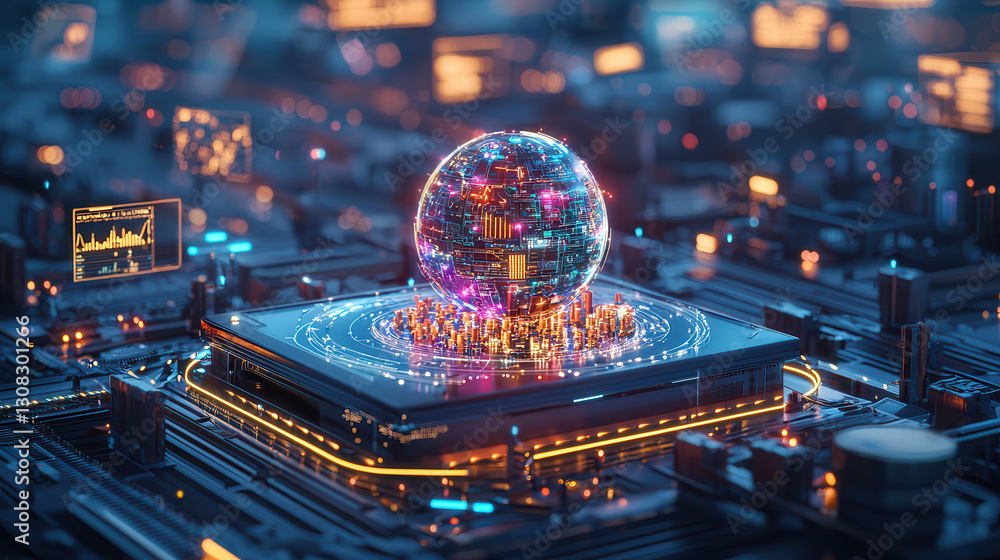 Poster futuristic cyber physical production system with real time ai visualization, showcasing glowing glob