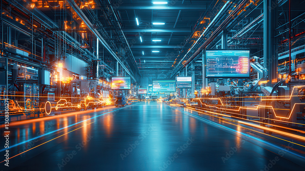 Poster futuristic industrial setting showcasing cyber physical production system with real time ai integrat