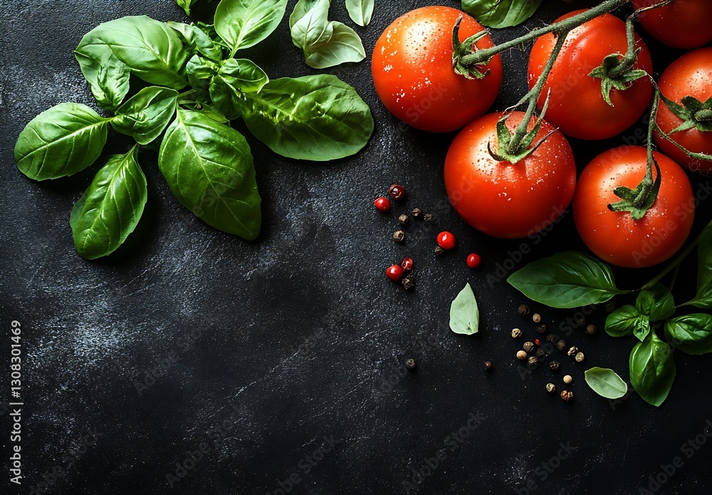 Aufkleber Vibrant Collection of Fresh Tomatoes and Basil on Dark Rustic Background for Culinary Use : Generative AI