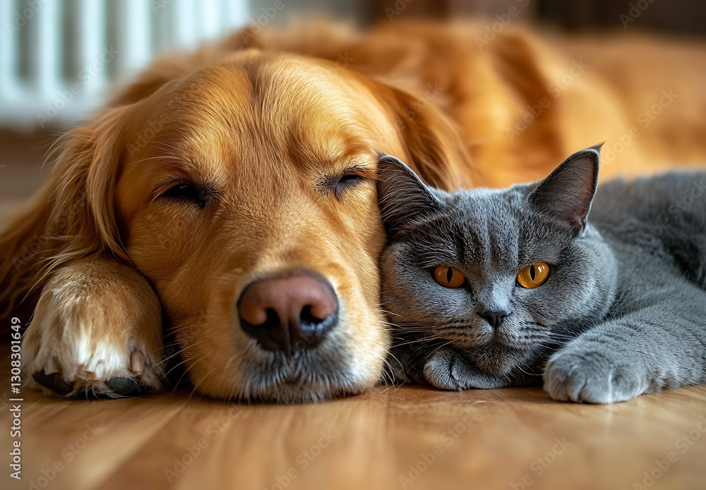 Poster golden retriever and gray british cat enjoying a cozy moment together while napping : generative ai